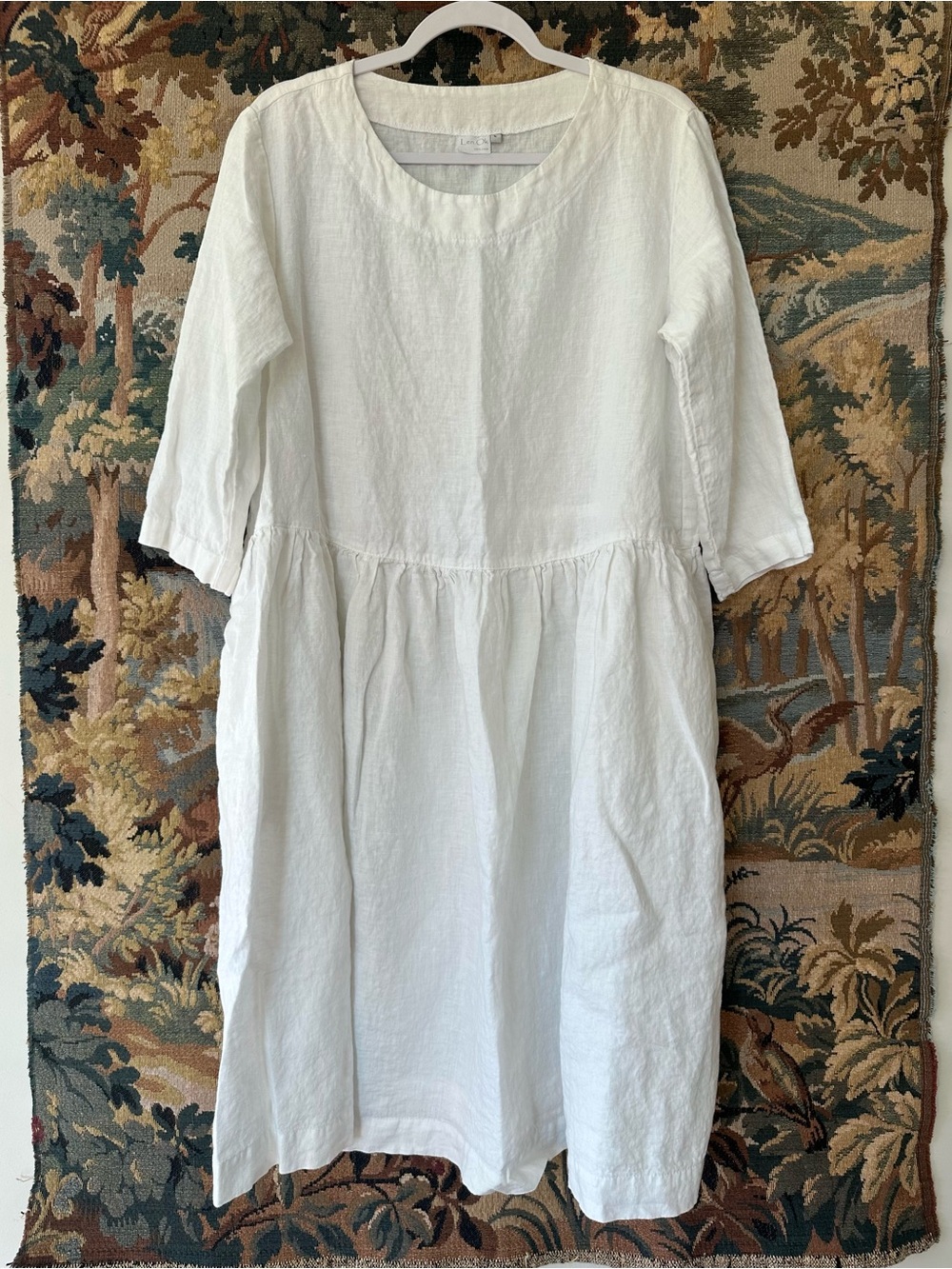 Len Ok Pure Linen Midi Babydoll Dress Pockets 3/4 Sleeves White Minimalist L